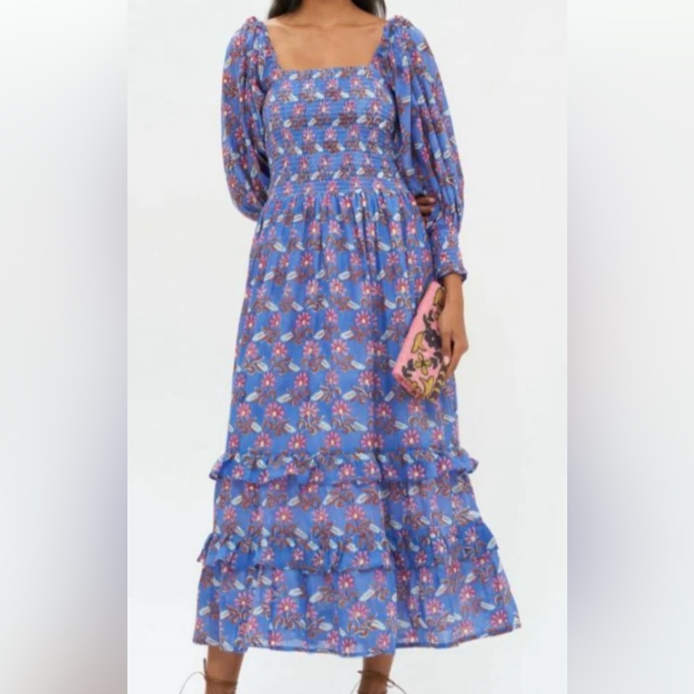 Oliphant Blue Pink Ruffled Tiered Wrap Dress